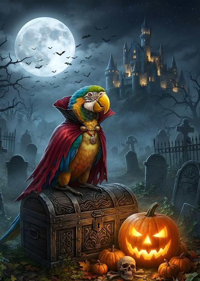 Vampire Parrot in Spooky Graveyard