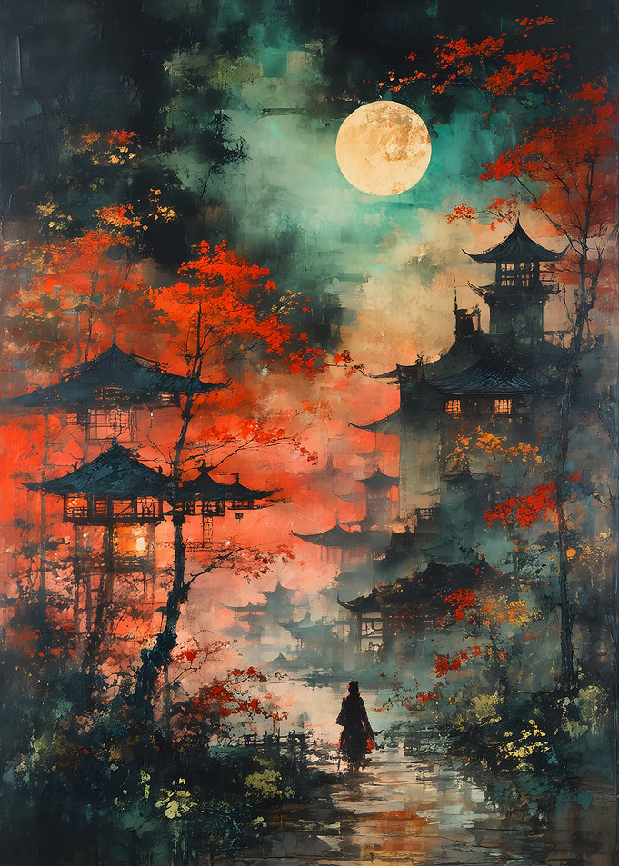 Ethereal Moonlight Over Ancient Asian Village