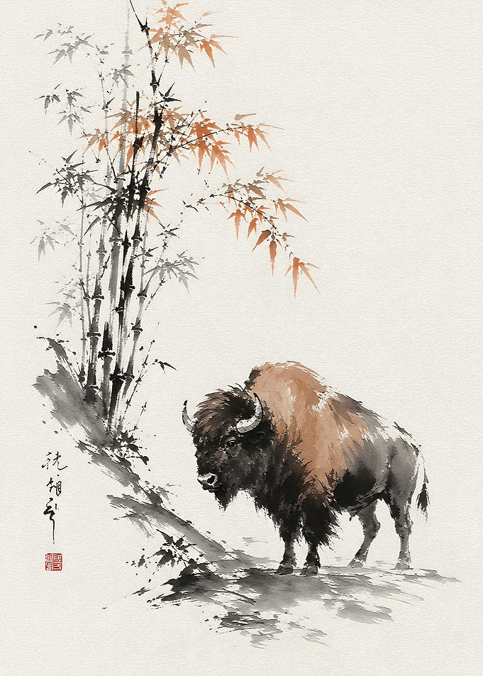 Bison and Bamboo Ink Wash Painting