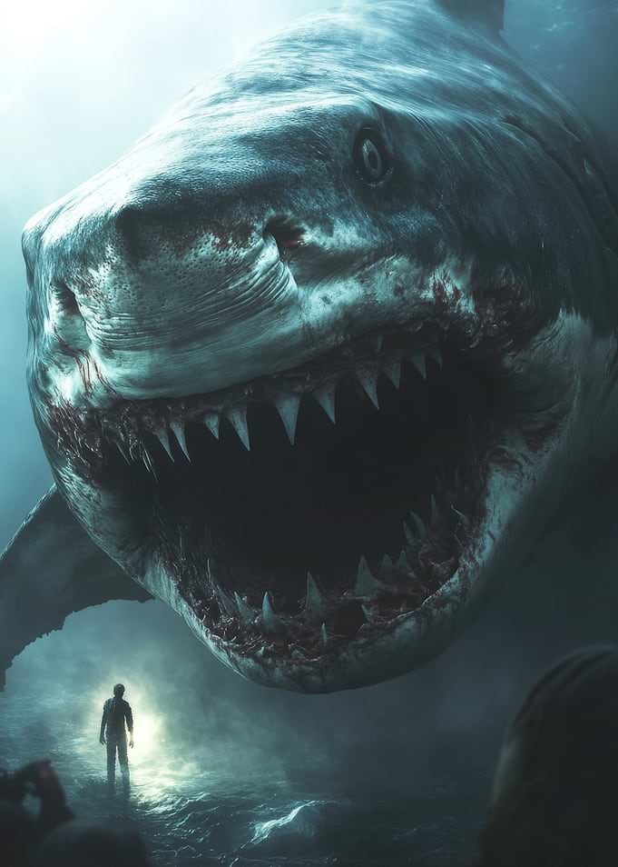 Giant Shark Confronting Lone Diver