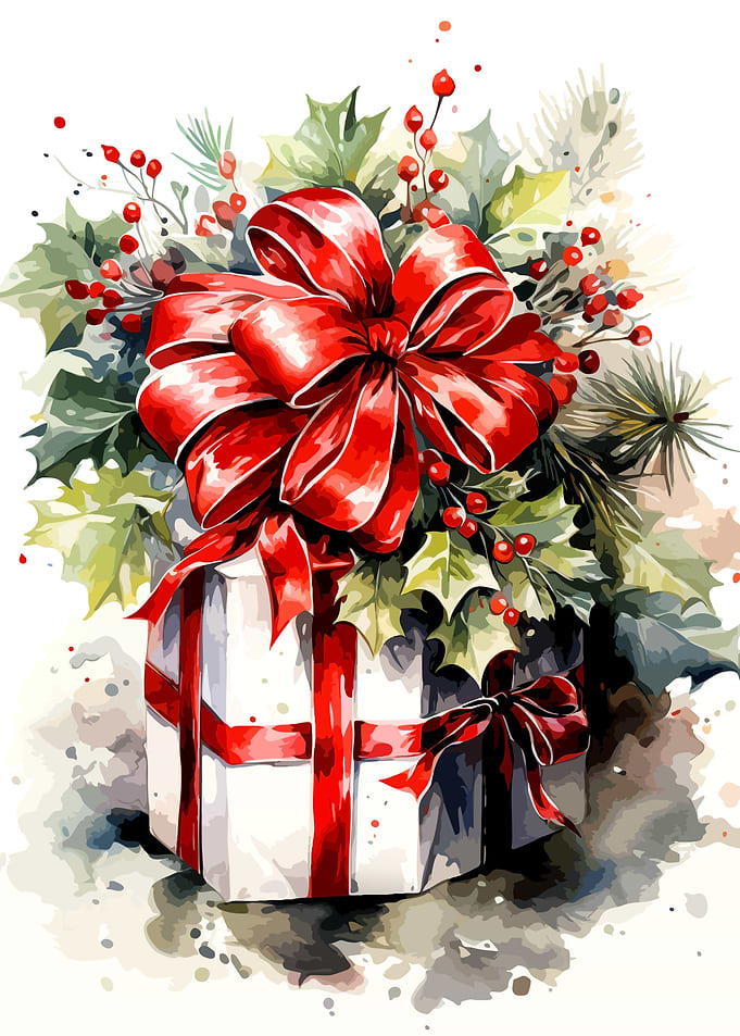 Watercolor Christmas Gift with Holly