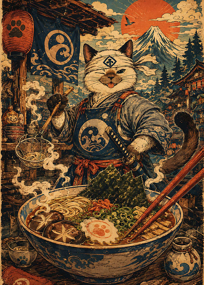 Samurai Cat Ramen Chef Illustration