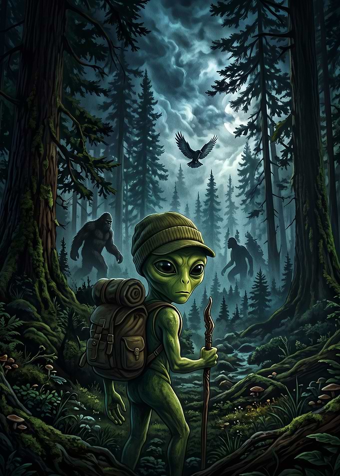 Alien Hiker in Bigfoot Forest