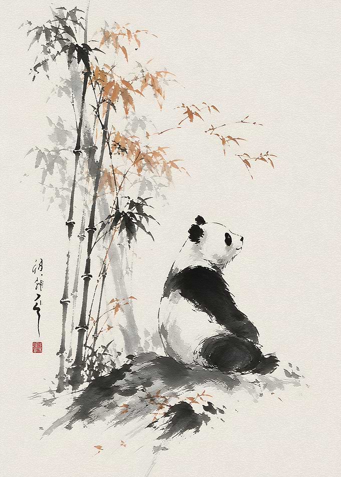 Sumi-e Style Panda and Bamboo