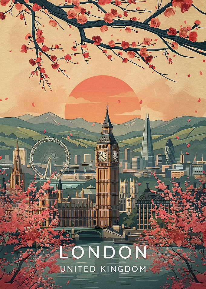London Cityscape with Cherry Blossoms