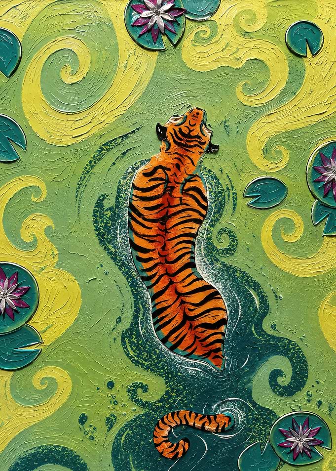 Tiger Swimming in Lotus Pond Painting