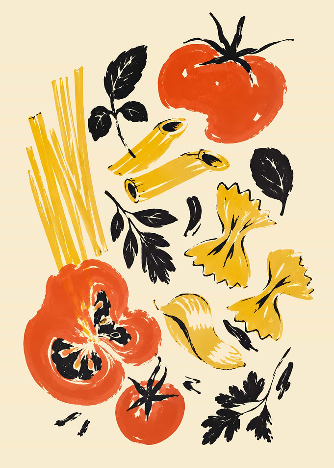 Artistic Pasta and Tomato Illustration