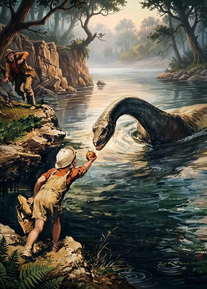 Child Offering Fruit to Plesiosaur