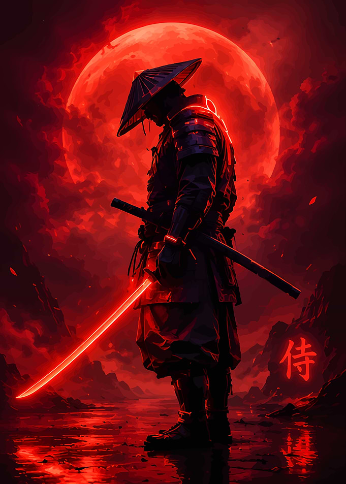 Cyberpunk Samurai Under Red Moon