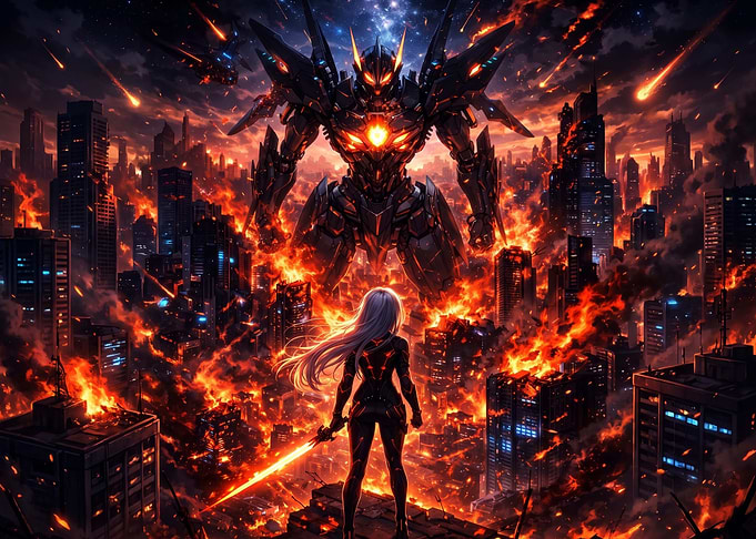 Warrior Facing Giant Mech in Flames