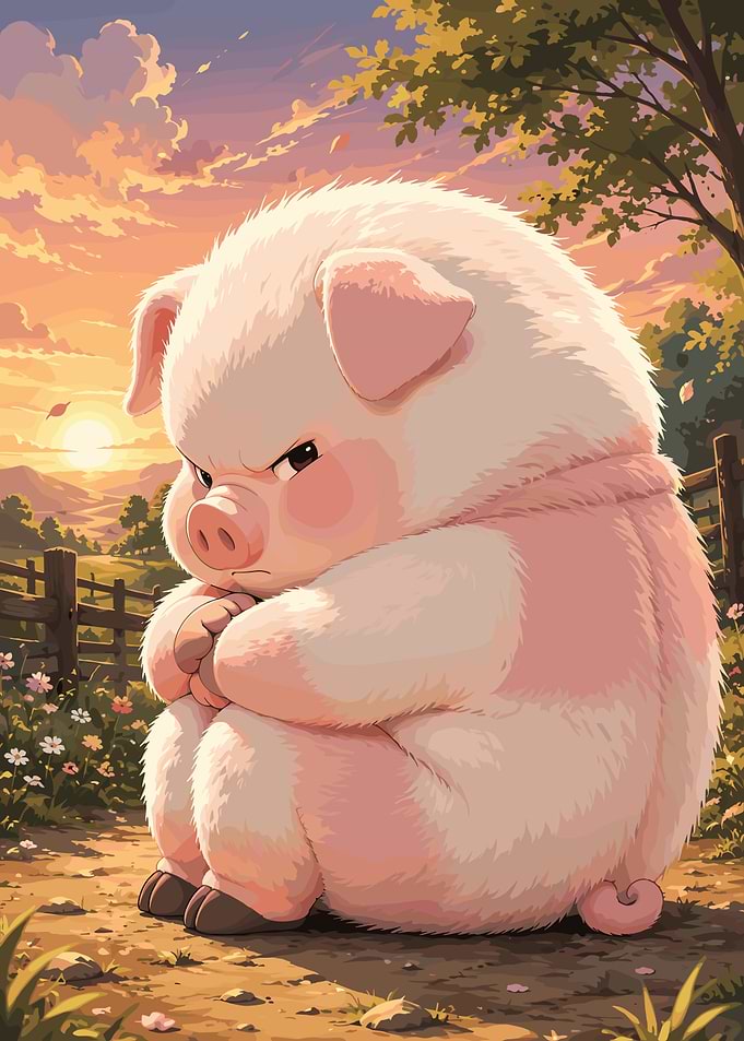 Grumpy Fluffy Piglet at Sunset