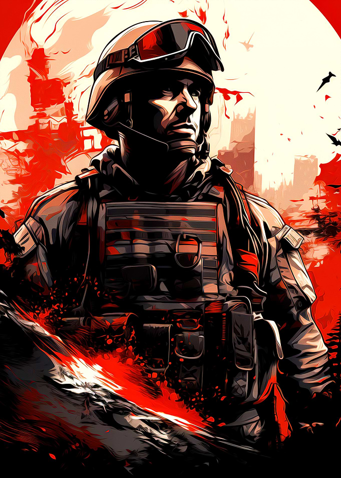 Soldier in War-Torn Battlefield