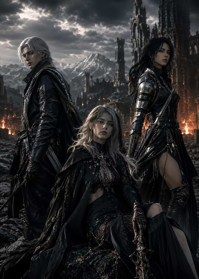 Dark Fantasy Warriors in Ruined Kingdom
