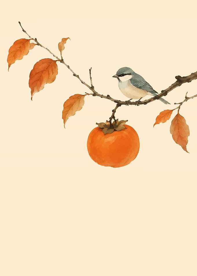 Small Bird Perched on Persimmon Branch
