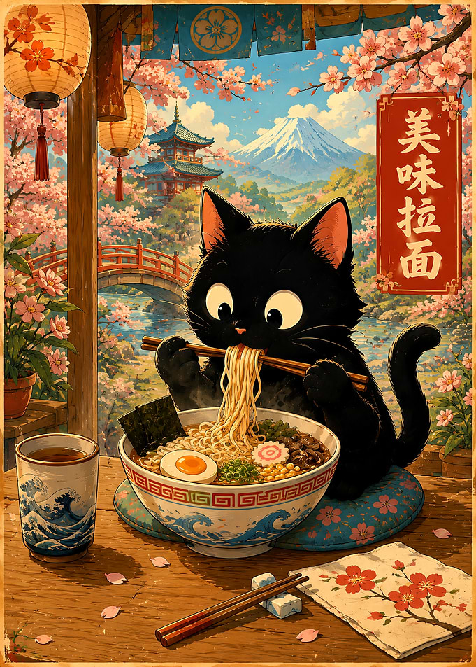 Cute Black Cat Eating Ramen