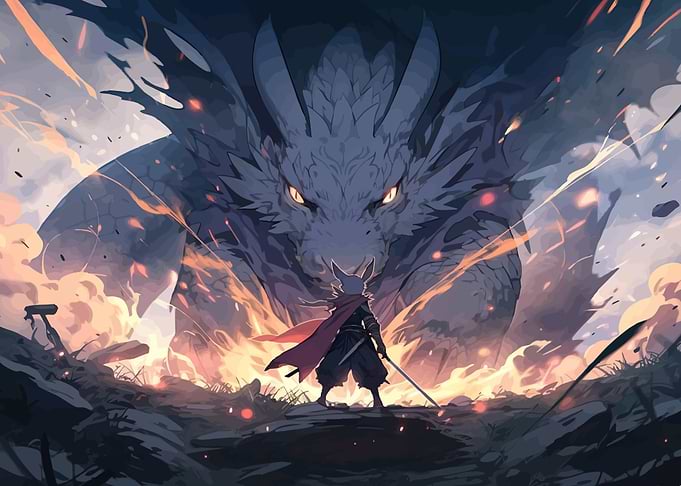 Warrior Facing a Massive Dragon