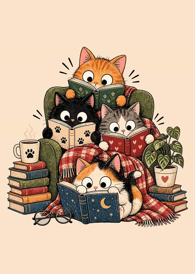 Cute Cats Reading Books Illustration