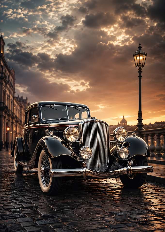 Vintage Black Classic Car at Sunset