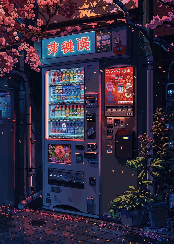 Neon Japanese Vending Machine at Night