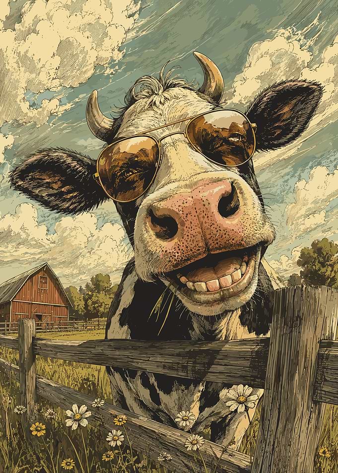 Cool Cow Wearing Sunglasses on Farm