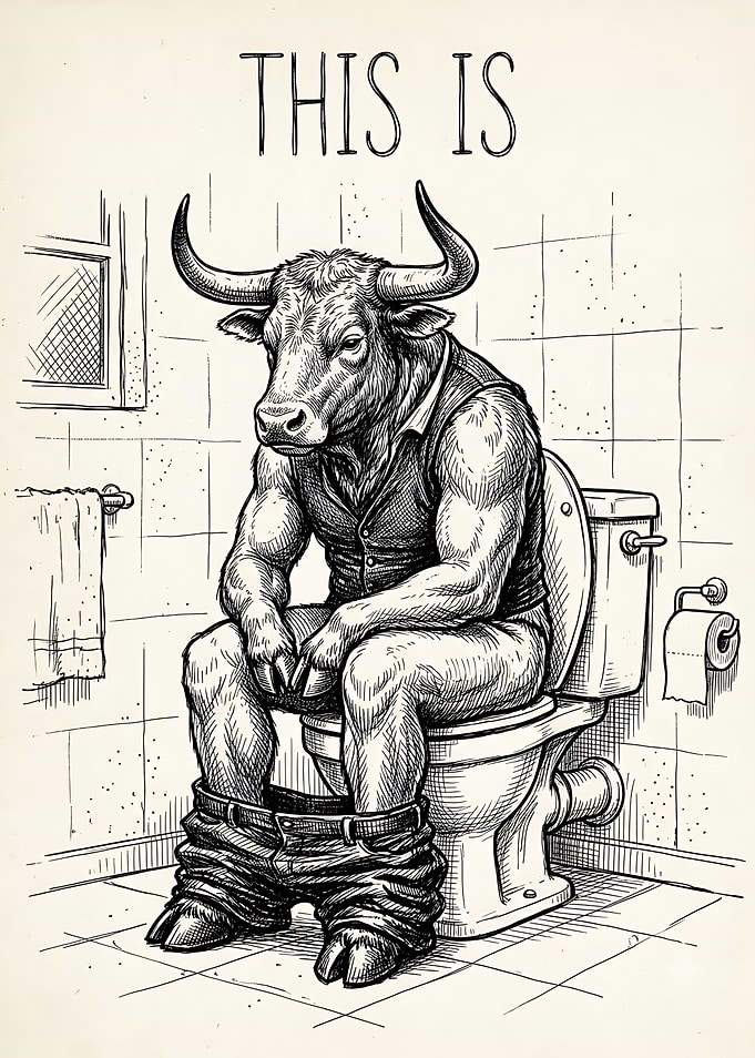 Bull Sitting on Toilet Illustration