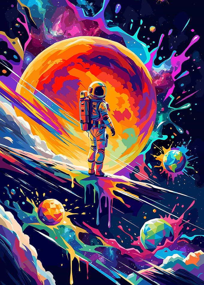 Astronaut Standing on Colorful Cosmic Edge