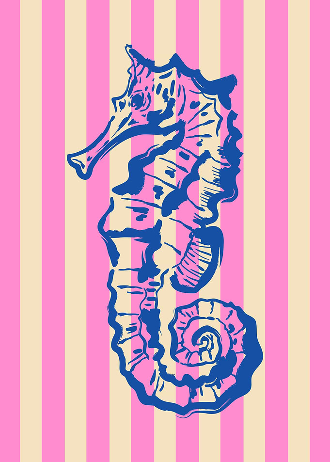 Blue Seahorse on Striped Background