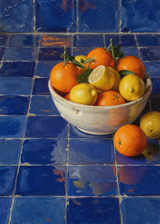 Citrus Bowl on Cobalt Kitchen Tiles