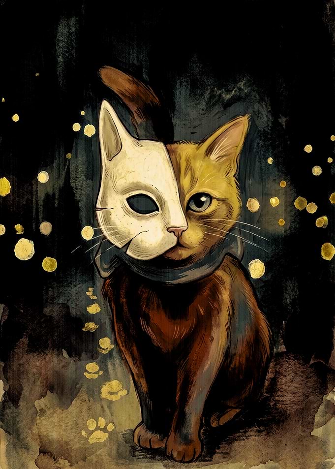 Cat Wearing a Traditional Japanese Mask