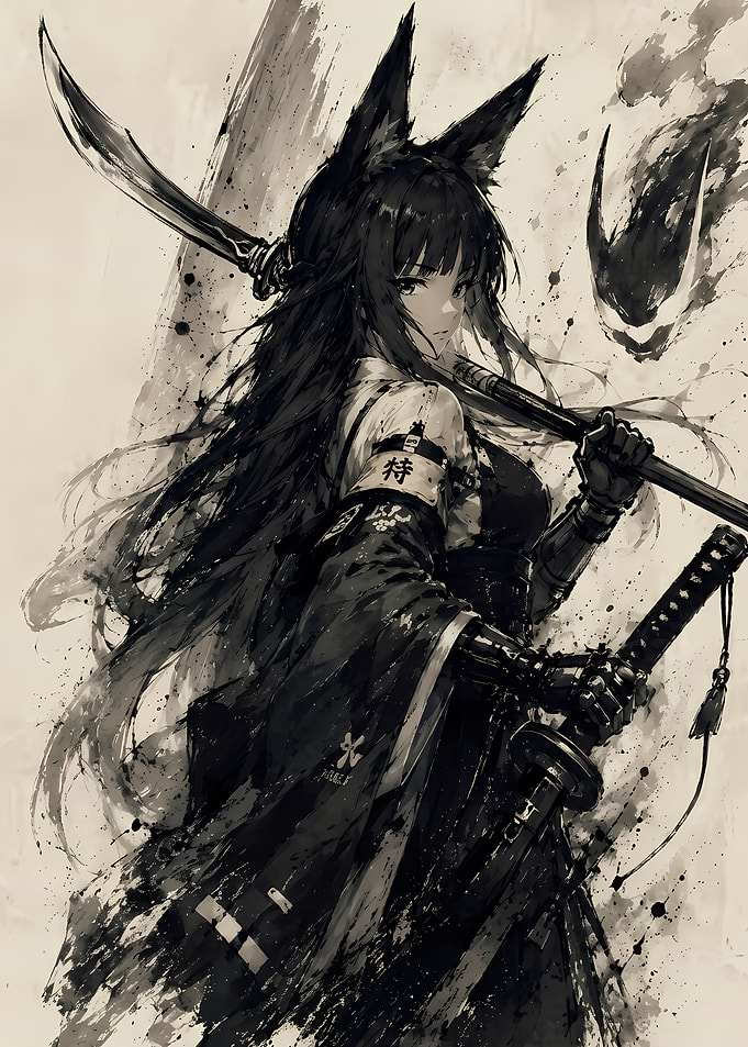 Fox-Eared Samurai Warrior Ink Illustration