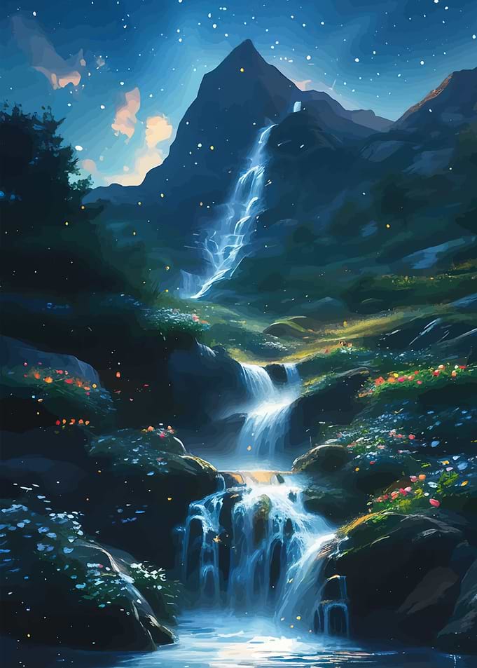 Enchanted Waterfall Under Starry Night