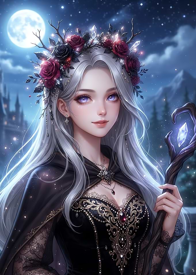 Moonlit Fantasy Sorceress with Crystal Staff