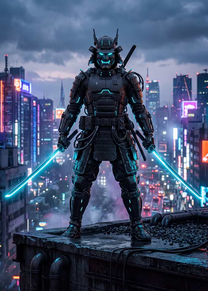 Futuristic Cyber Samurai Warrior Dark Sci-Fi Wall Art