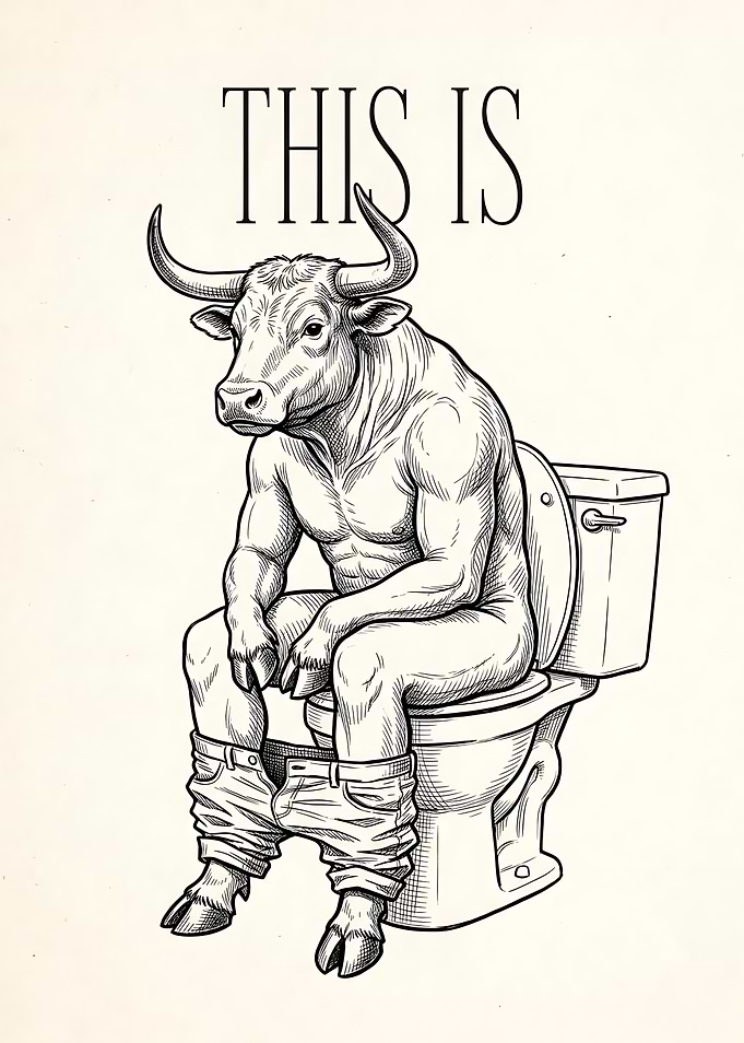 Bull Sitting on Toilet Illustration