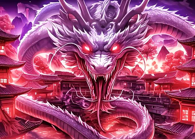 Fierce Red Dragon Over Ancient Village
