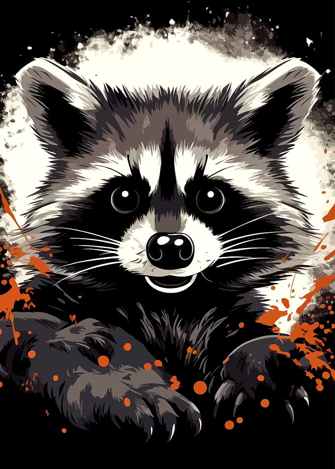 Artistic Raccoon Portrait with Orange Splatters