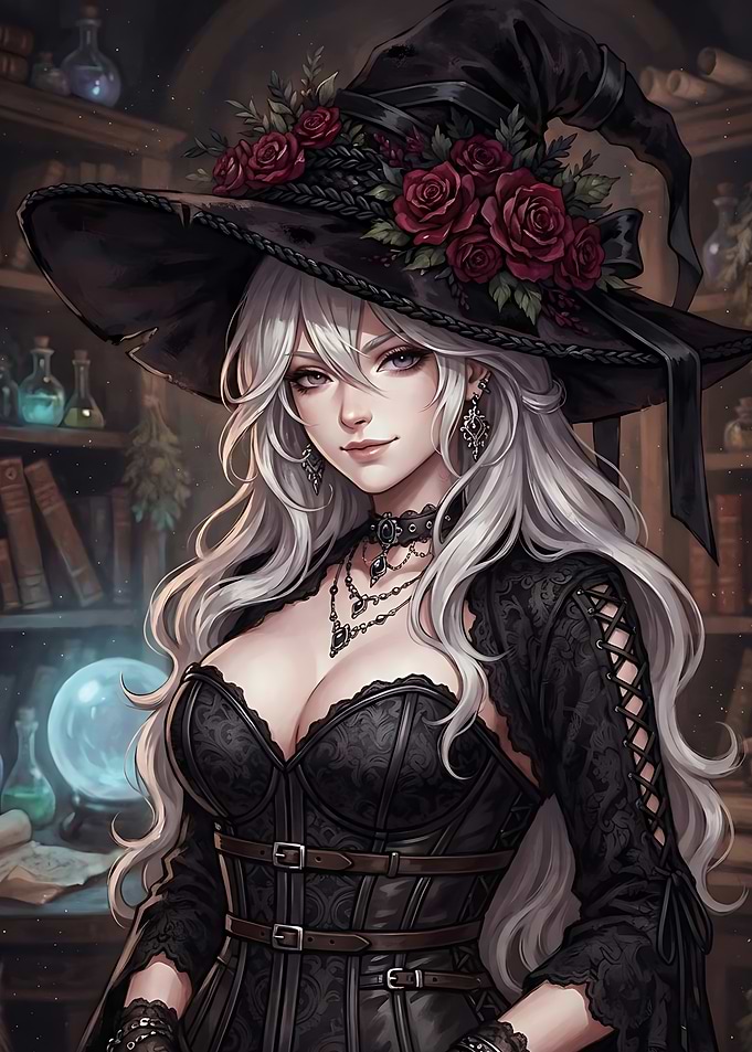 Elegant Silver-Haired Witch in Library