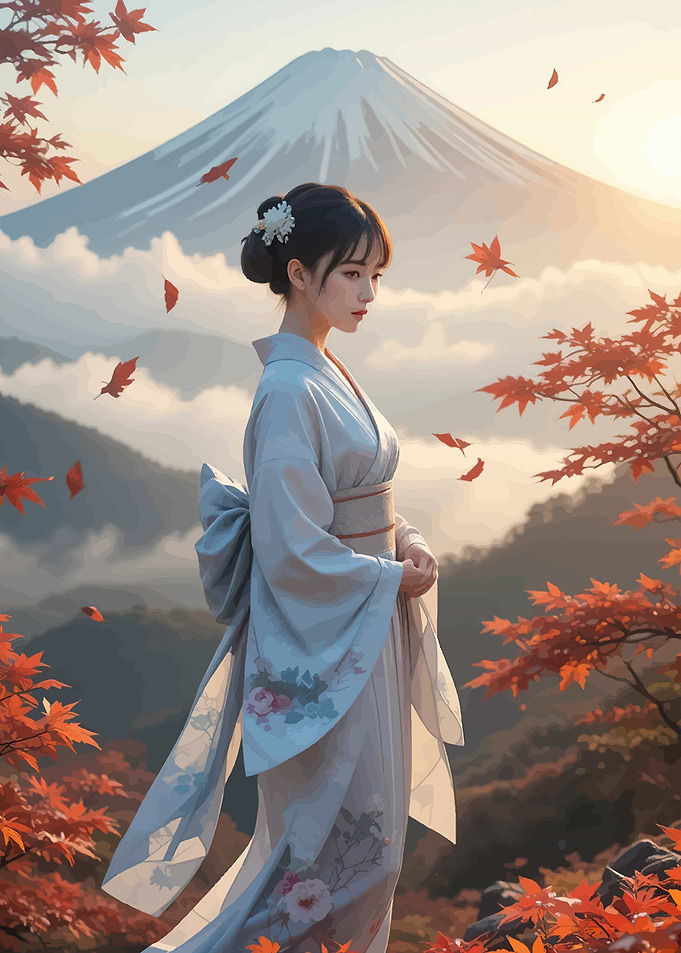 Woman in Kimono Before Mount Fuji