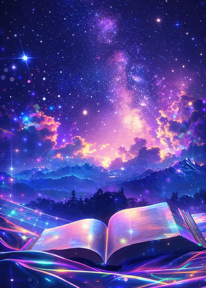 Open Book Under Cosmic Night Sky