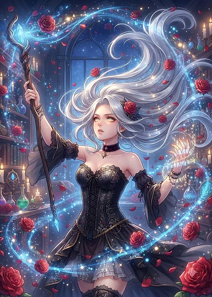 Enchanting Sorceress Casting Rose Magic