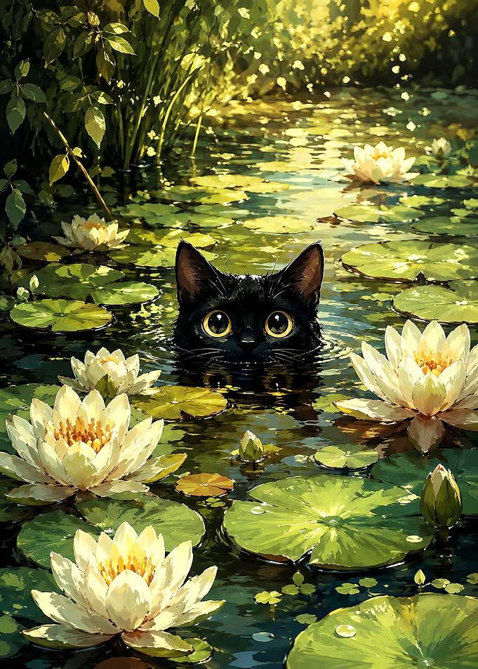 Black Cat in Water Lily Pond