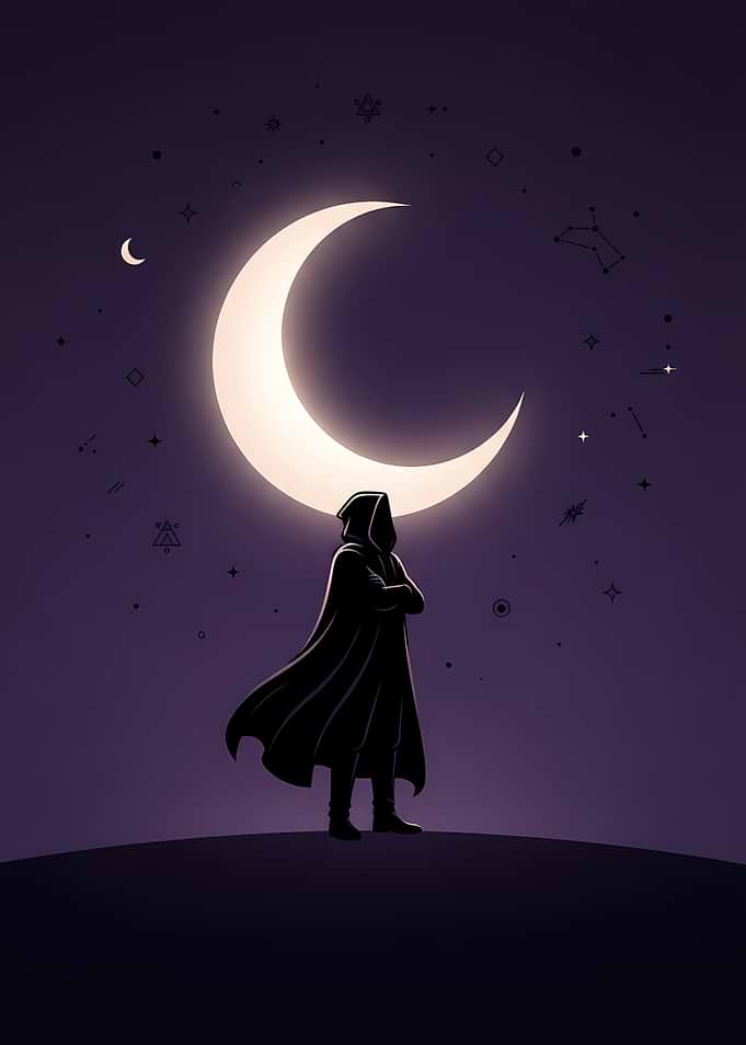 Hooded Figure Under Crescent Moon