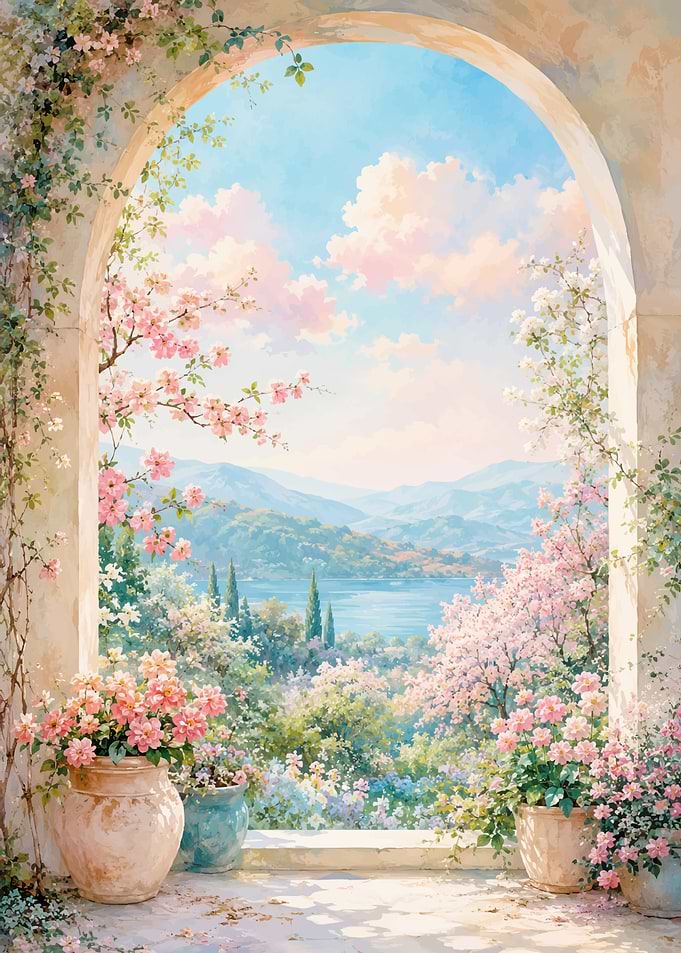 Mediterranean Archway with Floral Garden View