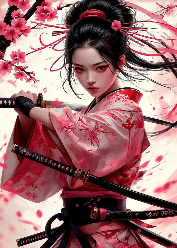Samurai Woman with Cherry Blossoms