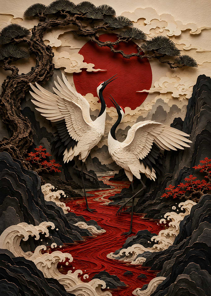 Dancing Red Crowned Cranes and Pine Tree