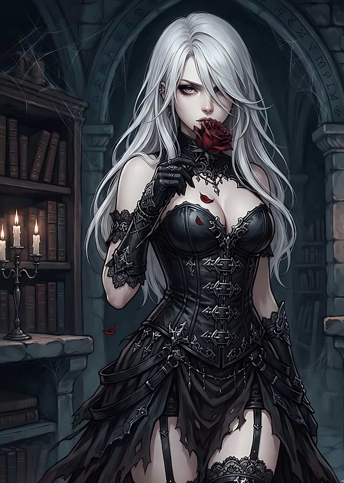 Gothic Anime Girl with Red Rose