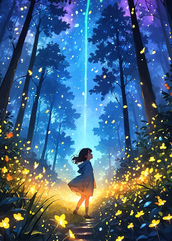 Girl in a Magical Glowing Forest