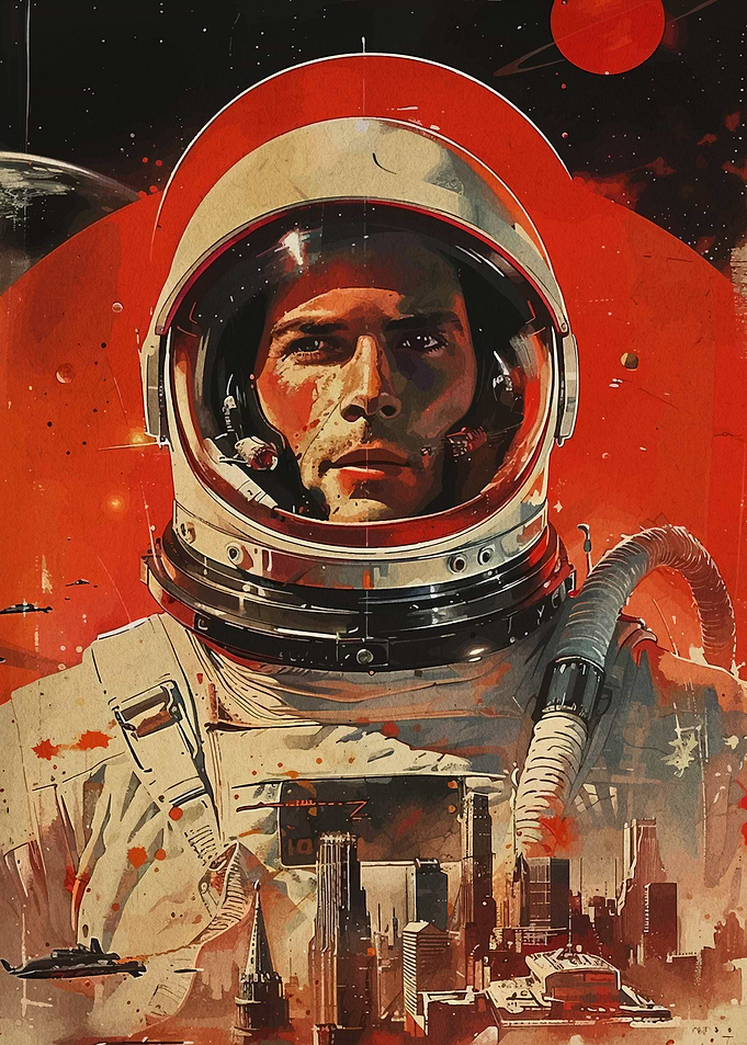 Retro Astronaut Over Futuristic Cityscape