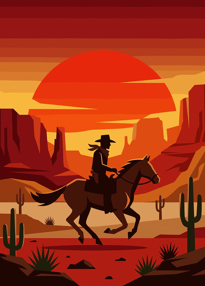 red Lone Cowboy Riding Through Desert Sunset
