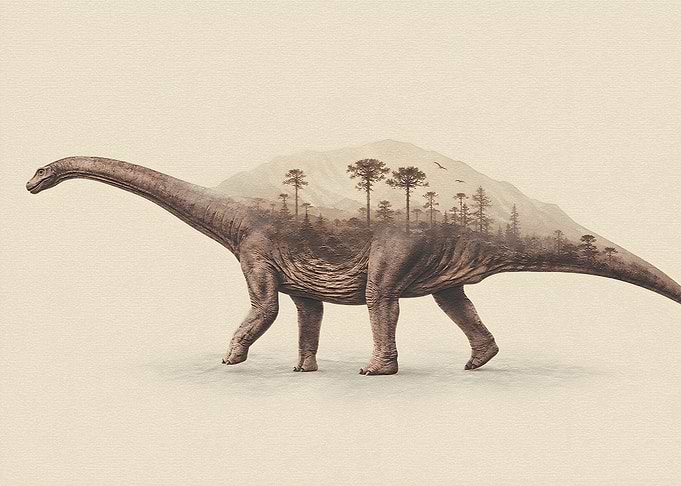 Double Exposure Dinosaur Forest Landscape